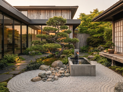 Bespoke Japanese courtyard garden with cloud pruned black pine, water stone feature, and raked gravel