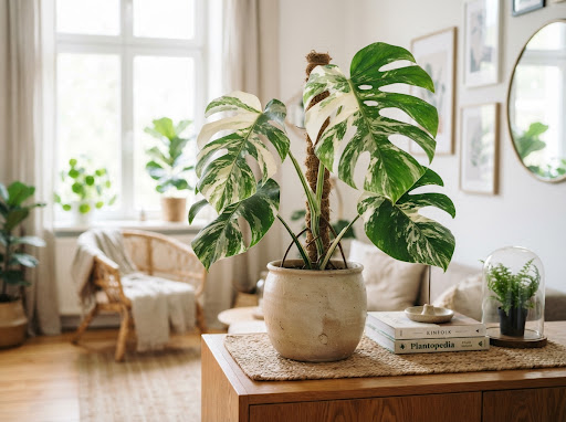 Rare variegated Monstera Deliciosa Albo in custom matte artisan planter on oak console